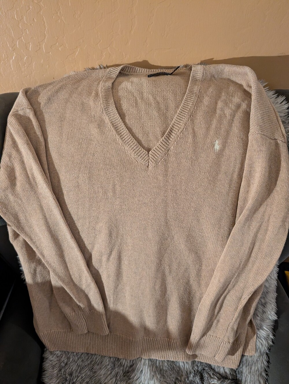 Ralph Lauren tan V-Neck Sweater with White Pony Logo